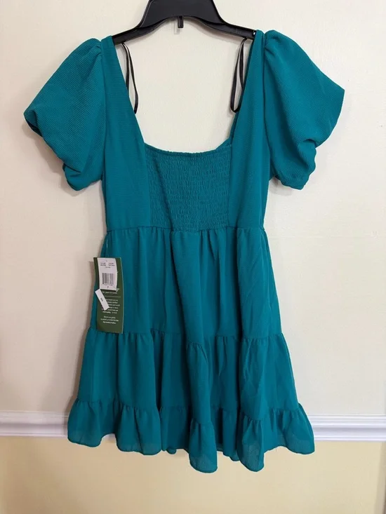 B. Smart Women’s Size 7 Teal Puff-Sleeve Tiered Mini Dress - Picture 11 of 12